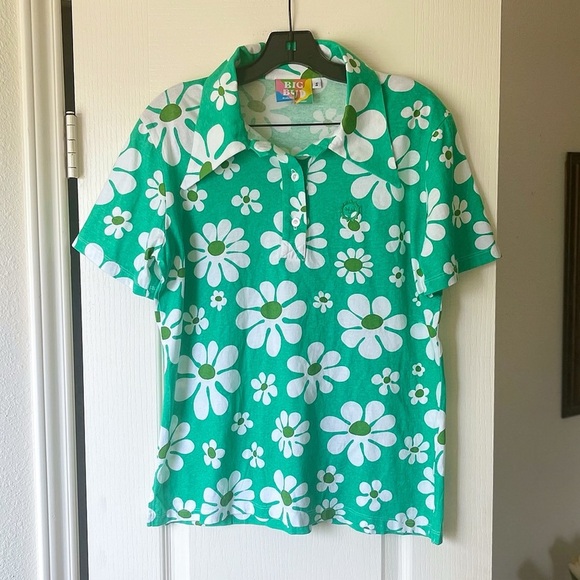 Big Bud Press Lazy Daisy Green Unisex Polo Shirt Retro Buttoned Tee S EUC - Picture 1 of 6